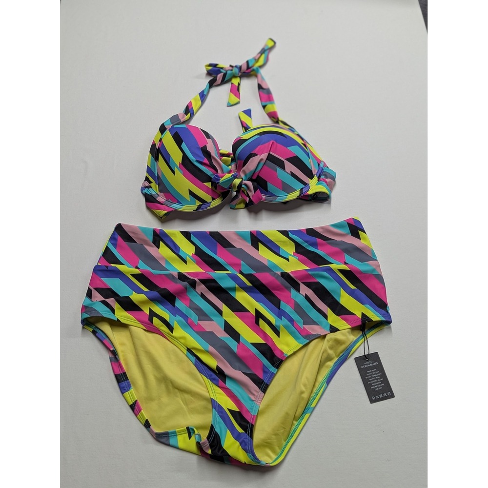Ocean Blues Women Geometric Color Block High Waisted Bikini Set L/XL BU3240-041